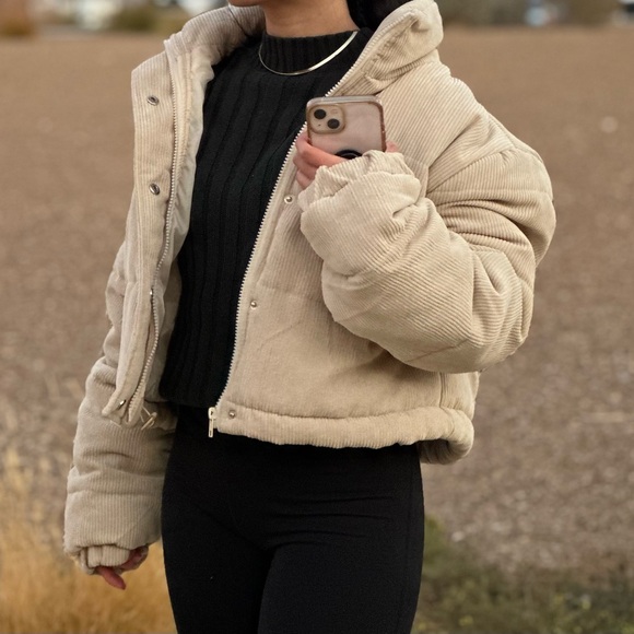 Cream Corduroy Puffer Jacket Drop Shoulder - Picture 3 of 15
